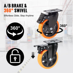 Caster Wheels, 127 mm Swivel Plate Casters, Set of 4, with Security A/B Locking No Noise PVC Wheels, Heavy Duty 204 kg Load Capacity Per Caster, Non-Marking Wheels for Cart Furniture Workbench