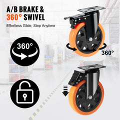 Caster Wheels, 152.4 mm Swivel Plate Casters, Set of 4, with Security A/B Locking No Noise PVC Wheels, Heavy Duty 318 kg Load Capacity Per Caster, Non-Marking Wheels for Cart Furniture Workbench