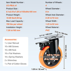 Caster Wheels, 152.4 mm Swivel Plate Casters, Set of 4, with Security A/B Locking No Noise PVC Wheels, Heavy Duty 318 kg Load Capacity Per Caster, Non-Marking Wheels for Cart Furniture Workbench