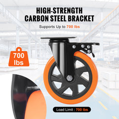 Caster Wheels, 152.4 mm Swivel Plate Casters, Set of 4, with Security A/B Locking No Noise PVC Wheels, Heavy Duty 318 kg Load Capacity Per Caster, Non-Marking Wheels for Cart Furniture Workbench