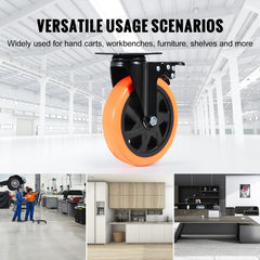 Caster Wheels, 152.4 mm Swivel Plate Casters, Set of 4, with Security A/B Locking No Noise PVC Wheels, Heavy Duty 318 kg Load Capacity Per Caster, Non-Marking Wheels for Cart Furniture Workbench