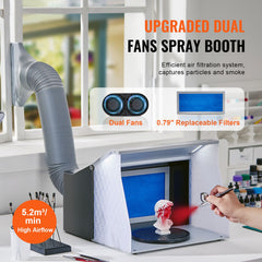 Airbrush Spray Booth, Portable Hobby Airbrush Paint Spray Booth Kit with 4 LED Light, Powerful Dual Exhaust Fans, Turntable and 6 ft Extension Hose, for Painting Models, Arts, Crafts, Cakes