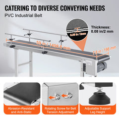Belt Conveyor, 1498.6 x 198.1 mm Conveyor Table Heavy Duty Stainless Steel Motorized Belt Conveyor for Inkjet Coding Applications Powered PVC Belt Anti-Static Adjustable Speed (Double Guardrail)