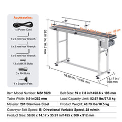 Belt Conveyor, 1498.6 x 198.1 mm Conveyor Table Heavy Duty Stainless Steel Motorized Belt Conveyor for Inkjet Coding Applications Powered PVC Belt Anti-Static Adjustable Speed (Double Guardrail)