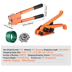 Banding Strapping Kit with Strapping Tensioner Tool, Banding Sealer Tool, 300 m Length PET Band, 300 Metal Seals, Pallet Packaging Strapping Banding Kit Banding Packaging Strapping for Packing