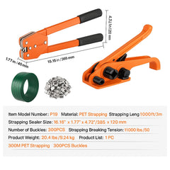 Banding Strapping Kit with Strapping Tensioner Tool, Banding Sealer Tool, 300 m Length PET Band, 300 Metal Seals, Pallet Packaging Strapping Banding Kit Banding Packaging Strapping for Packing