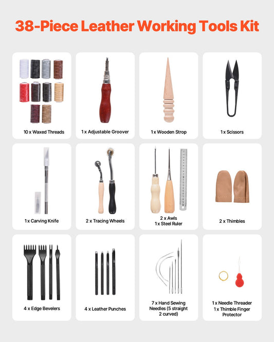 VEVOR Leather Working Tools Kit, 38 PCS Leather Craft Tools with Portable Canvas Storage Bag, Engraving Punching Sewing Stamping Cutting Tools, Ideal for Beginners DIY Enthusiasts and Professionals