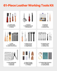 Leather Working Tools Kit, 61 PCS Leather Craft Tools with Portable Canvas Storage Bag, Engraving Punching Sewing Stamping Sanding Tools, Ideal for Beginners DIY Enthusiasts and Professionals
