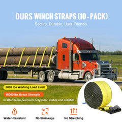 Winch Straps, 10.2 cm x 9.1 m, 2.7T Load Capacity, 8.2T Break Strength, Truck Straps with Flat Hook, Flatbed Tie Downs Cargo Control for Trailers, Farms, Rescues, Tree Saver, Yellow (10 Pack)
