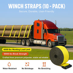 Winch Straps, 10.2 cm x 9.1 m, 2.7T Load Capacity, 8.2T Break Strength, Truck Straps with Flat Hook, Flatbed Tie Downs Cargo Control for Trailers, Farms, Rescues, Tree Saver, Yellow (10 Pack)