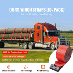 Winch Straps, 10.2 cm x 9.1 m, 2.7T Load Capacity, 8.2T Breaking Strength, Truck Straps with Flat Hook, Flatbed Tie Downs Cargo Control for Trailers, Farms, Rescues, Tree Saver, Red (10 Pack)