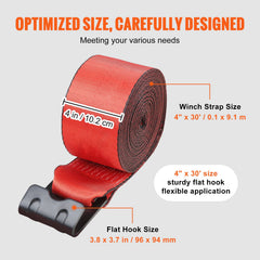Winch Straps, 10.2 cm x 9.1 m, 2.7T Load Capacity, 8.2T Breaking Strength, Truck Straps with Flat Hook, Flatbed Tie Downs Cargo Control for Trailers, Farms, Rescues, Tree Saver, Red (10 Pack)