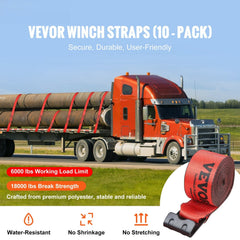 Winch Straps, 10.2 cm x 9.1 m, 2.7T Load Capacity, 8.2T Breaking Strength, Truck Straps with Flat Hook, Flatbed Tie Downs Cargo Control for Trailers, Farms, Rescues, Tree Saver, Red (10 Pack)