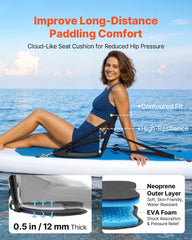 Kayak Seat, 1 Pack 12 mm Thick, Universal Paddle Board Seat with Back Support, Sit-on-Top Soft Padded Cushion with Storage Bag & Adjustable Straps for SUP, Canoe, Fishing Boat, Inflatable Kayak