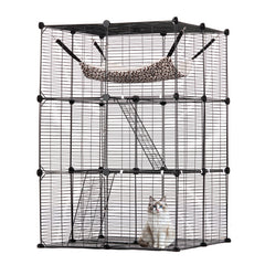 Large 3-tier Cat Cage, 28 x 28 x 41", DIY Detachable Metal Wire Durable Cat Enclosure, with Large Hammock 2 Ramp Ladders, Fit for Cats Exercise Indoor & Outdoor, Ease of Assembly, Black