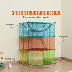 Large 3-tier Cat Cage, 28 x 28 x 41", DIY Detachable Metal Wire Durable Cat Enclosure, with Large Hammock 2 Ramp Ladders, Fit for Cats Exercise Indoor & Outdoor, Ease of Assembly, Black