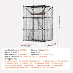 Large 3-tier Cat Cage, 28 x 28 x 41", DIY Detachable Metal Wire Durable Cat Enclosure, with Large Hammock 2 Ramp Ladders, Fit for Cats Exercise Indoor & Outdoor, Ease of Assembly, Black