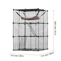 Large 3-tier Cat Cage, 28 x 28 x 41", DIY Detachable Metal Wire Durable Cat Enclosure, with Large Hammock 2 Ramp Ladders, Fit for Cats Exercise Indoor & Outdoor, Ease of Assembly, Black