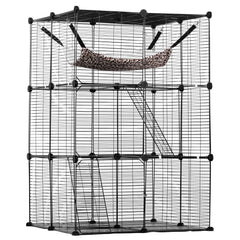 Large 3-tier Cat Cage, 28 x 28 x 41", DIY Detachable Metal Wire Durable Cat Enclosure, with Large Hammock 2 Ramp Ladders, Fit for Cats Exercise Indoor & Outdoor, Ease of Assembly, Black