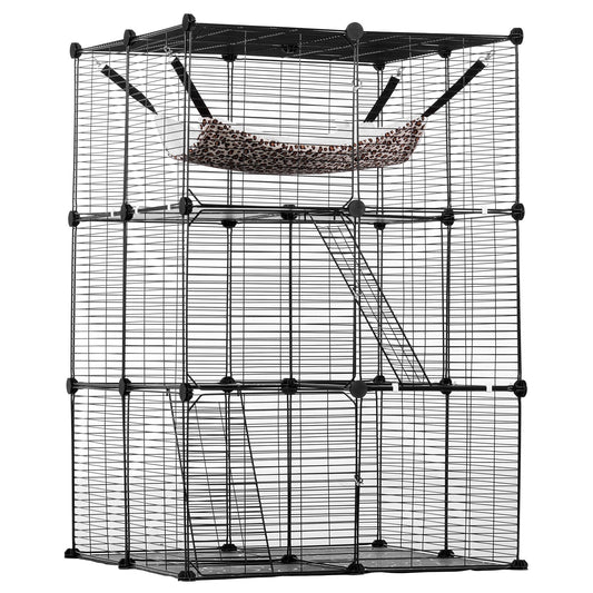 Large 3-tier Cat Cage, 28 x 28 x 41", DIY Detachable Metal Wire Durable Cat Enclosure, with Large Hammock 2 Ramp Ladders, Fit for Cats Exercise Indoor & Outdoor, Ease of Assembly, Black