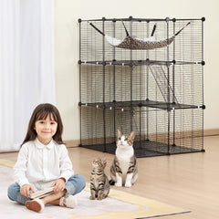 Large 3-tier Cat Cage, 28 x 28 x 41", DIY Detachable Metal Wire Durable Cat Enclosure, with Large Hammock 2 Ramp Ladders, Fit for Cats Exercise Indoor & Outdoor, Ease of Assembly, Black