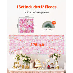 3D Flower Wall Panel, 12 PCS 15 x 15 inch, Artificial Floral Wall Background Mesh Backing Mat,Seamless Design&Easy Installation for Wedding Valentines Day Home Baby Party Backdrop Decor,Pink