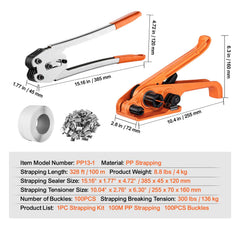 Banding Strapping Kit with Strapping Tensioner Tool, Banding Sealer Tool, 100 m Length PP Band, 100 Metal Seals, Pallet Packaging Strapping Banding Kit, Banding Packaging Strapping for Packing
