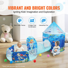 3 in 1 Kids Play Tent with Tunnel, Basketball Hoop for Boys, Girls, Babies and Toddlers, Indoor/Outdoor Pop Up Playhouse with Carrying Bag & Banding Straps Birthday Gifts, Blue Ocean