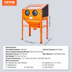 60 Gallon Sand Blasting Cabinet with Stand with Blasting Gun & 4 Nozzles