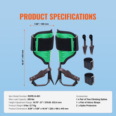 Tree Climbing Spikes, 1 Pair Alloy Steel Climbing Spurs, 350lbs Load Capacity Tree Climbing Gear with Straps and Spike Protectors, Arborist Equipment for Climbers, Hunting, Fruit Picking, Green