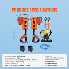 Tree Climbing Spikes Set, 1 Pair Alloy Steel Climbing Spurs with Safety Rope and Safety Harness, 350lbs Load Capacity Tree Climbing Gear, Arborist Equipment for Climbers, Fruit Picking, Orange
