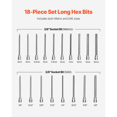 Extra Long Allen Hex Bit Socket Set, 18-Piece 3/8 inch Drive, S2 Alloy Steel and Cr-V Steel, Standard SAE and Metric 1/8-Inch-3/8-Inch, 3-12mm, with Enhanced Storage Case, for Mechanics