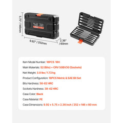 Extra Long Allen Hex Bit Socket Set, 18-Piece 3/8 inch Drive, S2 Alloy Steel and Cr-V Steel, Standard SAE and Metric 1/8-Inch-3/8-Inch, 3-12mm, with Enhanced Storage Case, for Mechanics