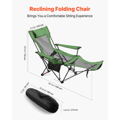 Reclining Camping Chair, 4 Adjustable Positions, Portable Folding Lounger for Adults, Mesh Beach Chair with Headrest & Foot Rest, Supports 220 lbs, Heavy Duty Camp Chairs for Patio, Green