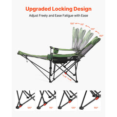 Reclining Camping Chair, 4 Adjustable Positions, Portable Folding Lounger for Adults, Mesh Beach Chair with Headrest & Foot Rest, Supports 220 lbs, Heavy Duty Camp Chairs for Patio, Green