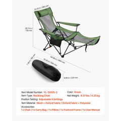 Reclining Camping Chair, 4 Adjustable Positions, Portable Folding Lounger for Adults, Mesh Beach Chair with Headrest & Foot Rest, Supports 220 lbs, Heavy Duty Camp Chairs for Patio, Green