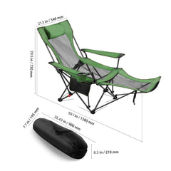 Reclining Camping Chair, 4 Adjustable Positions, Portable Folding Lounger for Adults, Mesh Beach Chair with Headrest & Foot Rest, Supports 220 lbs, Heavy Duty Camp Chairs for Patio, Green