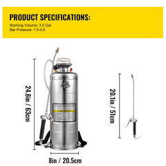 3.5Gal Stainless Steel Sprayer,l Set with 20" Wand& Handle& 3FT Reinforced Hose, Hand Pump Sprayer with Pressure Gauge&Safety Valve, Adjustable Nozzle Suitable for Gardening& Sanitizing