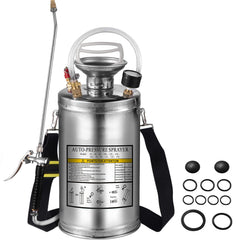 1.5Gal Stainless Steel Sprayer, Set with 16" Wand& Handle& 3.3FT Reinforced Hose, Hand Pump Sprayer with Pressure Gauge&Safety Valve, Adjustable Nozzle Suitable for Sanitizing
