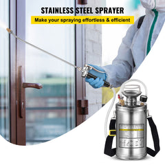 1.5Gal Stainless Steel Sprayer, Set with 16" Wand& Handle& 3.3FT Reinforced Hose, Hand Pump Sprayer with Pressure Gauge&Safety Valve, Adjustable Nozzle Suitable for Sanitizing
