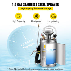1.5Gal Stainless Steel Sprayer, Set with 16" Wand& Handle& 3.3FT Reinforced Hose, Hand Pump Sprayer with Pressure Gauge&Safety Valve, Adjustable Nozzle Suitable for Sanitizing
