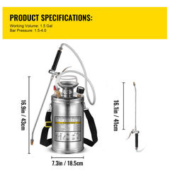 1.5Gal Stainless Steel Sprayer, Set with 16" Wand& Handle& 3.3FT Reinforced Hose, Hand Pump Sprayer with Pressure Gauge&Safety Valve, Adjustable Nozzle Suitable for Sanitizing