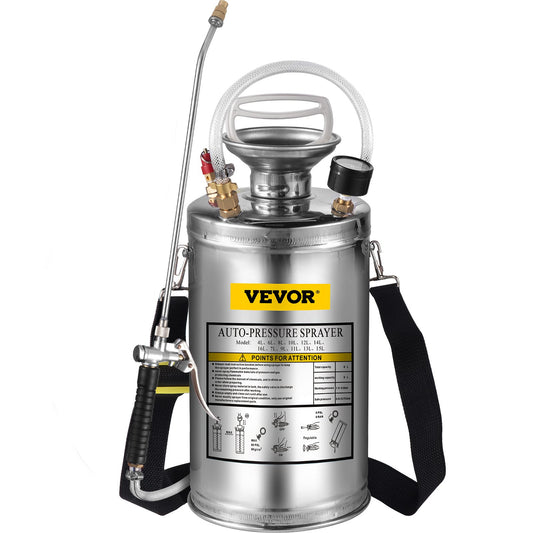 1.5Gal Stainless Steel Sprayer, Set with 16" Wand& Handle& 3.3FT Reinforced Hose, Hand Pump Sprayer with Pressure Gauge&Safety Valve, Adjustable Nozzle Suitable for Sanitizing