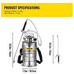 1.5Gal Stainless Steel Sprayer, Set with 16" Wand& Handle& 3.3FT Reinforced Hose, Hand Pump Sprayer with Pressure Gauge&Safety Valve, Adjustable Nozzle Suitable for Sanitizing