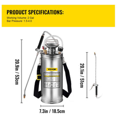 2Gal Stainless Steel Sprayer, Set with 20\" Wand& Handle& 3FT Reinforced Hose, Hand Pump Sprayer with Pressure Gauge&Safety Valve, Adjustable Nozzle Suitable for Gardening and Sanitizing