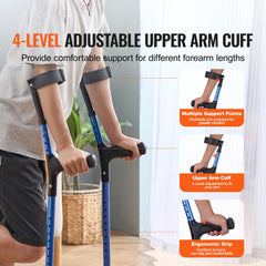 Forearm Crutches for Adults, 11-Level Height Adjustable Walking Crutches with 4-Level Upper Cuff, Lightweight Aluminum Medical Support Crutches for Leg Injury Surgery Disabled, 1 Pair (350LBS)