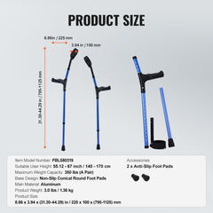 Forearm Crutches for Adults, 11-Level Height Adjustable Walking Crutches with 4-Level Upper Cuff, Lightweight Aluminum Medical Support Crutches for Leg Injury Surgery Disabled, 1 Pair (350LBS)