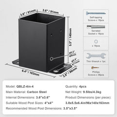 101.6x101.6mm Post Base 4 Pcs, Inner Size 91x91 Post Base Brackets, Heavy Duty Powder-Coated Post Anchor Matte Black Wood Post Brackets for Pavilion Deck Railing Support Deck Base Plate