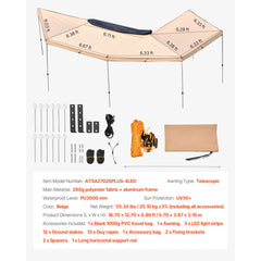 270 Degree Awning with Bulit-in LED Lights, 10.9 ㎡ Driver Side Vehicle Awning, Waterproof UV50+ Car Side Awnings, All-Weather Free-Standing Overland Awnings Car Shelter for SUV Truck Camping