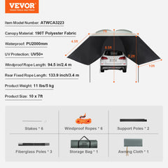Vehicle Awning, Large 10' x 7' Shade Coverage Car Side Awning, PU2000mm UV50+ Car Awning with Extended Side Canopies and Portable Storage Bag, Suitable for Truck, SUV, Van, Campers